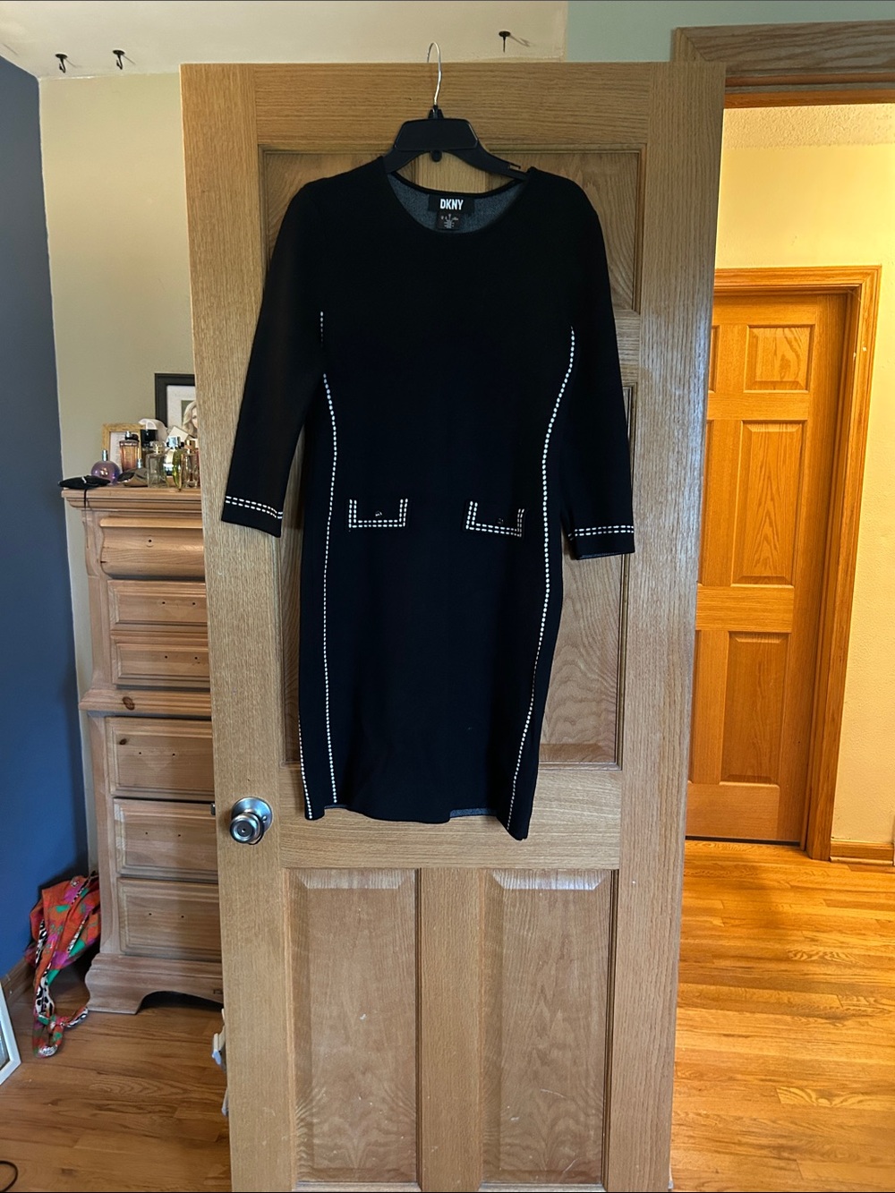 DKNY Black Long-Sleeve Shift Dress with White Stitch Trim